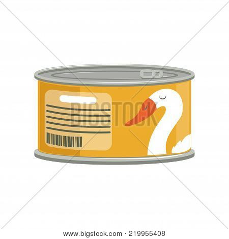 Pate in aluminum can with ring-pull. Branding sticker with goose. Canned goods concept. Cartoon graphic element for promotional poster or flyer. Flat vector illustration isolated on white background.