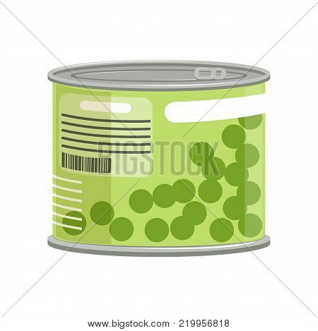 Green peas in metallic can with label and ring-pull. Concept of canned food. Cartoon vector illustration isolated on white. Web icon in flat style. Design element for promotional banner or poster.