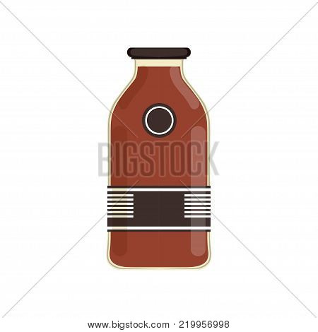Plum eco juice in transparent bottle with branding sticker. Organic product. Glass jar with delicious liquid. Concept of sweet and healthy drink. Isolated flat vector design for promo flyer or poster.