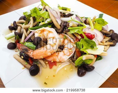 Yanagi Mutsutake spicy salad with shrimp ,Thai food.