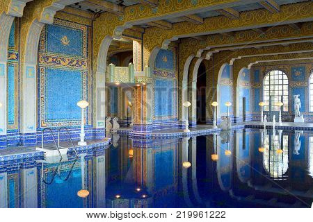 San Simeon, California, United States of America - November 27, 2017. Indoor pool at the Hearst Castle in San Simeon, CA.