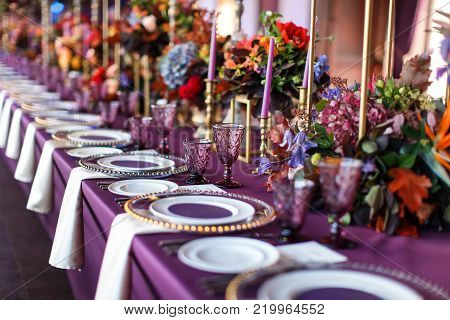 Table set for wedding or another catered event dinner.