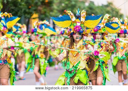 Badajoz, Spain, sunday. February.26. 2017 Participants in colorful costumes take part in the carnival parade in Badajoz 2017