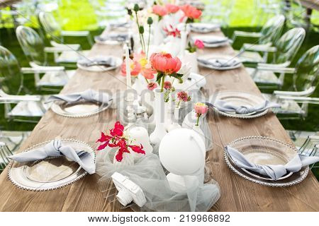 Table set for wedding or another catered event dinner.