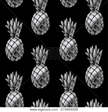 Seamless pattern with realistic silver pineapple. 3 d style vector illustration.