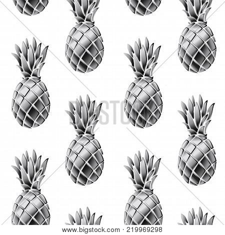 Seamless pattern with realistic silver pineapple. 3 d style vector illustration.