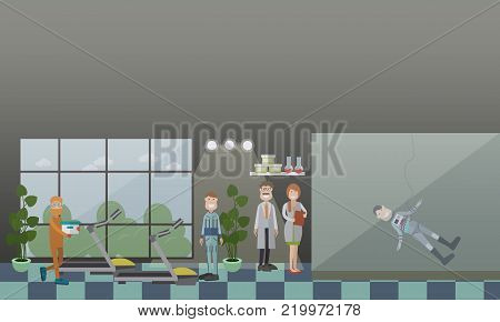 Astronaut training concept vector illustration. Astronauts preparing for their space missions. Physical training, extra-vehicular activity EVA training flat style design elements.