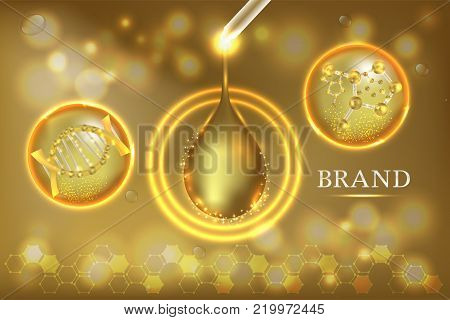 Gold Collagen Serum drop with advertising background ready to use, luxury skin care ad. Illustration vector.