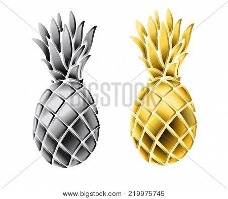 Set of pineapples. Silver and golden tropical fruit. A realistic decoration. Vector illustration.