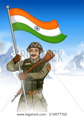illustration of Indian Army soilder holding falg of India with pride