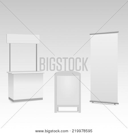 Blank trade show booth mock up. Front view. Vector isolated on grey background