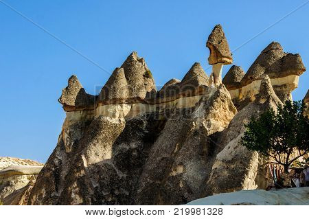 Cappadocia, Turkey. Fairy Chimney. Multihead Stone Mushrooms In The Valley Of The Monks. Pasabag Val