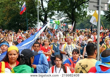 KRAKOW, POLAND -  2016 - World Youth Day 2016, A crowd of people with flags Slovenia,  Vatican City