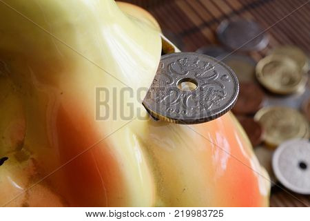 Denmark coin with a denomination of 5 krone (crown) in the hole of maney box, coins background - back side