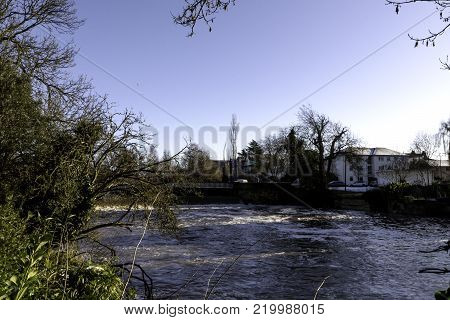 River Leam in winter Pump Room Jephson Gardens, Royal Leamington Spa, Warwickshire, United Kingdom