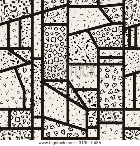 Seamless Geometric Of Different Shapes Pattern Textures. Monochrome Patchwork Abstract Background-ve