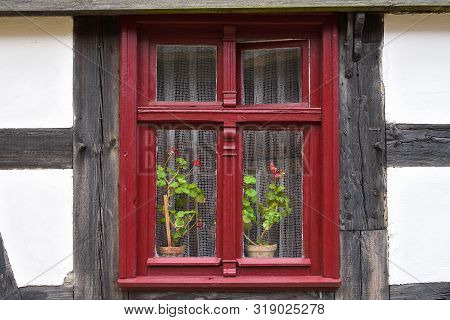 Window Of Old Ethno House In Open-air Museum, Polish Folk Culture. Poland, Europe