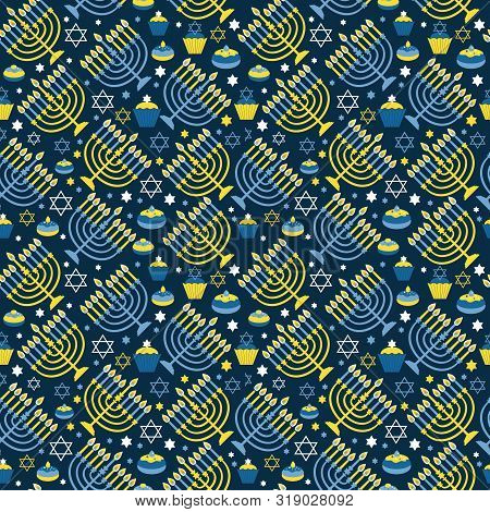 Happy Hanukkah Print Background With Menorah, David Star And . Seamless Pattern On Dark.