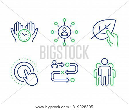 Journey Path, Networking And Click Hand Line Icons Set. Organic Tested, Safe Time And Group Signs. P