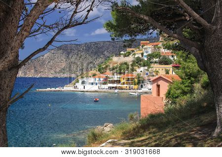 Small Village Of Assos Located Not Isthmus Assos Peninsula. Kefalonia. Greece