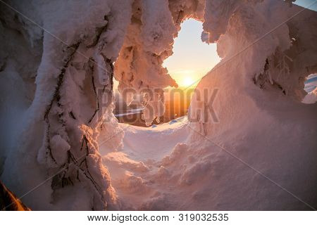 Sunrise.fantastic Sunrise, Morning Winter Landscape. Fantastic Overcast Sky. Beautiful Winter Landsc
