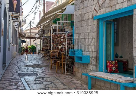 Spetses Island, Greece- August 1, 2019. Walking On Traditioanal Greek Streets, Spetses Saronic Gulf,