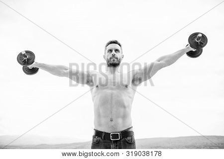 His Body Is Perfect. Athletic Body. Dumbbell Gym. Fitness And Sport Equipment. Muscular Man Exercisi