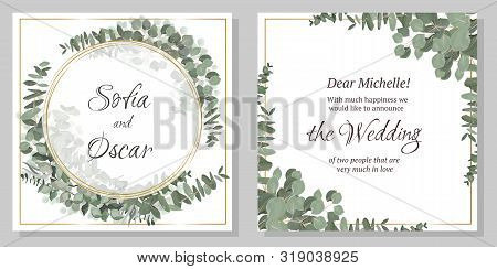Vector Template For Invitation. Golden Round Frame, Green Plants And Leaves, Eucalyptus.