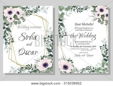 Vector Template For Wedding Invitation. Polygonal Abstract Frame, Anemone Flowers, Berries, Green Le