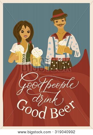 Beer Festival Vector Ornate Illustration. Oktoberfest Detailed Card With Happy Mann And Woman. Lette