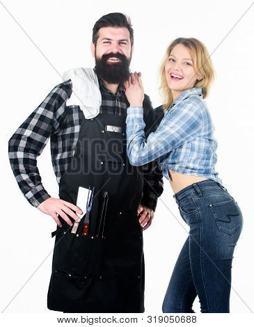 Man Bearded Hipster And Girl Ready For Barbecue White Background. Family Bbq Ideas. Delicious Grille