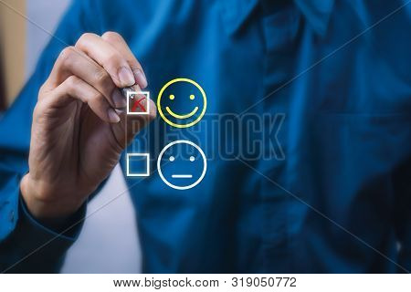 Conceptual The Customer Responded To The Survey. The Client Using Digital Pen Checkbox On Happy Face