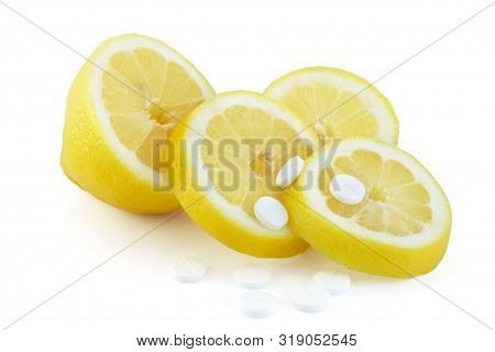Slice Cut Lemon And Acid Citric Pills, Vitamin C, Antioxidans, Homeopathic Medicine Concept