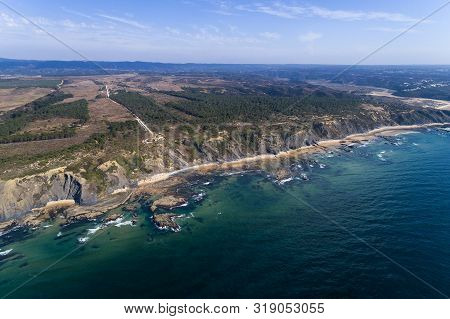 Aerial View Of The Carreagem Beach And Coastline In Aljezur, Algarve;