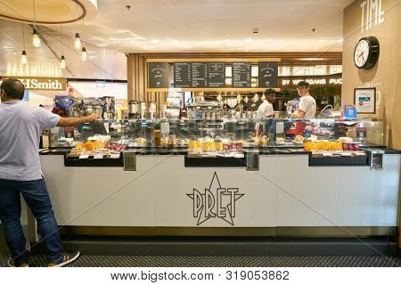 SINGAPORE - CIRCA APRIL, 2019: Pret a Manger at Singapore Changi Airport. Pret a Manger is an international sandwich shop chain.