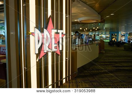 SINGAPORE - CIRCA APRIL, 2019: Pret a Manger sign seen at Singapore Changi Airport. Pret a Manger is an international sandwich shop chain.