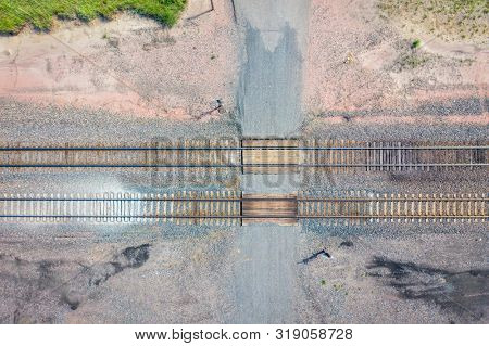 Rural railroad crossing in Nebraska - aerial view