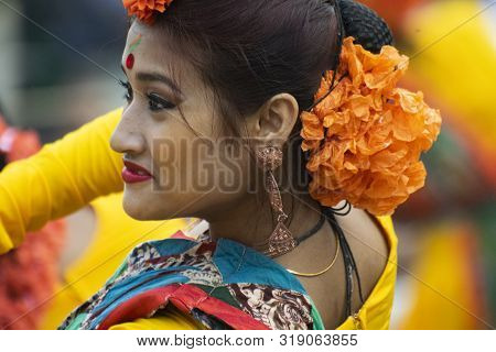 Kolkata , India - March 1, 2018 : Portrait Of Girl Dancer, Dressed In Sari (traditional Indian Dress