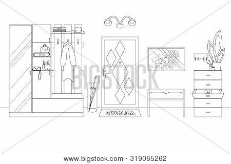 Vector Illustration Of A Hallway In Outline Style. Line Illustration Of Modern Home Hallway. Schemat