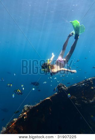Giovane donna immersioni su una tenuta di respiro e affinamento nel mare trasparente blu vicino relitto Tulamben, Swedish