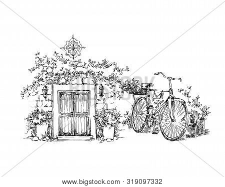 Hand Made Sketch Of Old Street. Line Art Vintage Style Illustration.