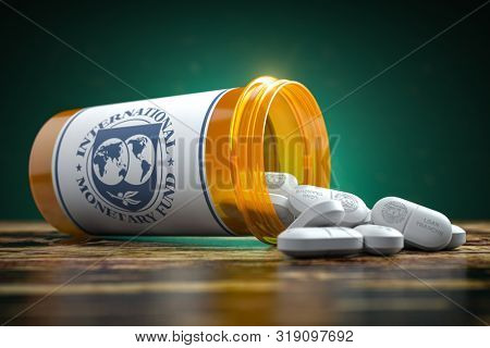 IMF International Monetary Fund tranches concept. Pills with IMF symbol and plastic container. 3d illustration