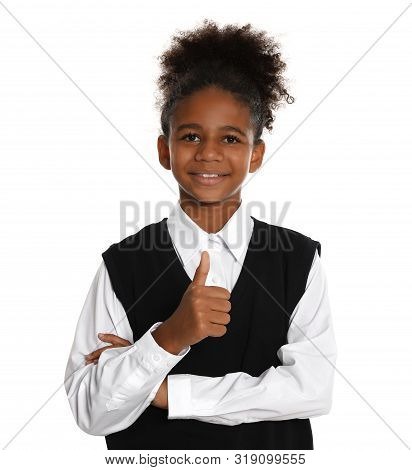 Happy African-american Girl In School Uniform On White Background
