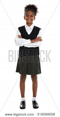 Happy African-american Girl In School Uniform On White Background