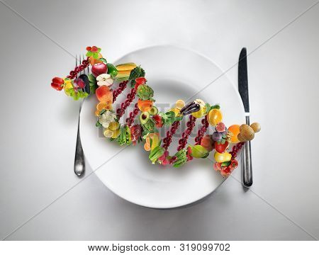 Nutrition Genetics Nutrigenomics concept DNA made of fresh veggies and fruits