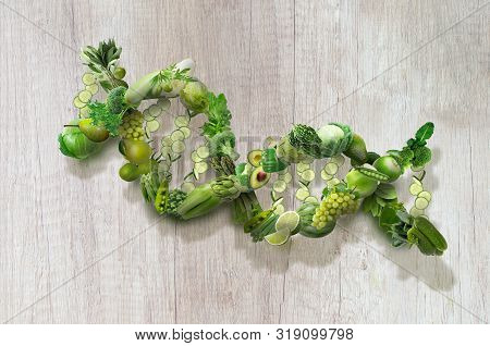 Nutrition Genetics Nutrigenomics concept DNA made of fresh veggies and fruits