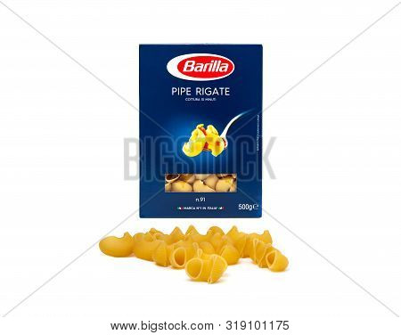Chisinau, Moldova - August 20, 2019: Barilla Pipe Rigate, Italian Pasta In A Box Isolated On White B
