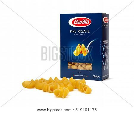 Chisinau, Moldova - August 20, 2019: Barilla Pipe Rigate, Italian Pasta In A Box Isolated On White B