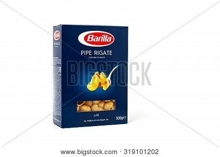 Chisinau, Moldova - August 20, 2019: Barilla Pipe Rigate, Italian Pasta In A Box Isolated On White B