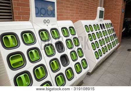 Taipei, Taiwan - August 17th, 2019: charging station for battery packs of Taiwan-based Gogoro electronic motocycle at street in Taipei, Taiwan, Asia